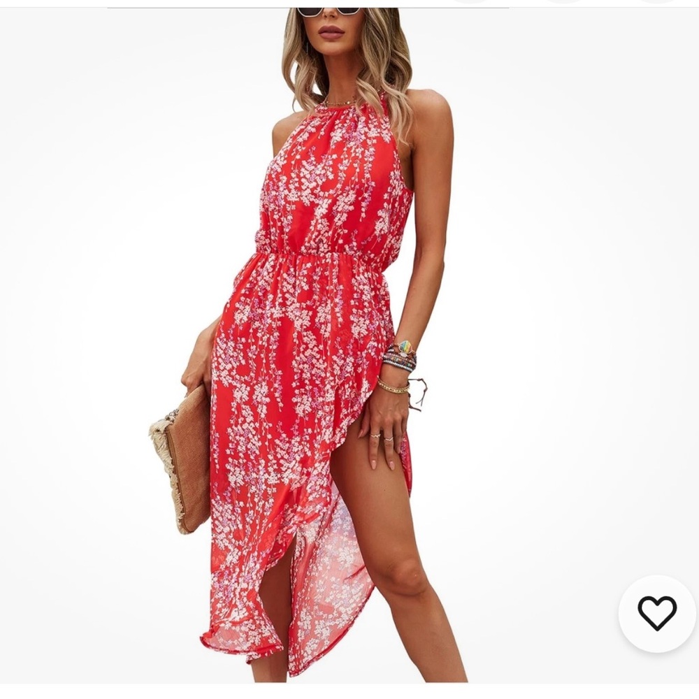 EcoWish Sundress Midi Boho Halter Sleeveless Asymmetrical Red Floral Cocktail - Picture 3 of 8